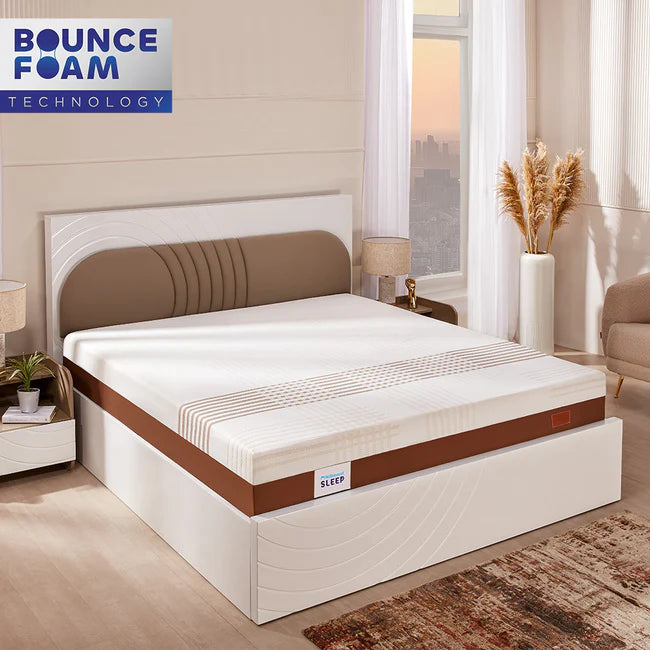 Mattress with Bounce Foam Technology label in a bedroom setting