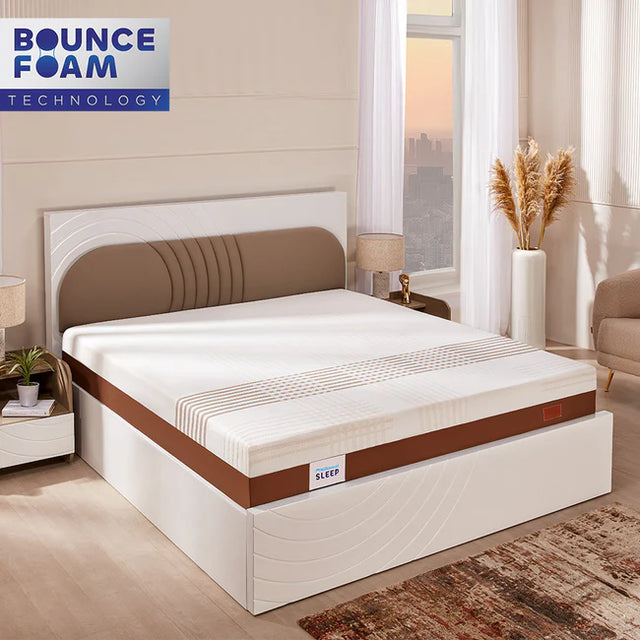Mattress with Bounce Foam Technology label in a bedroom setting