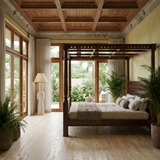 Modern bedroom with wooden canopy bed, large windows, and outdoor view.